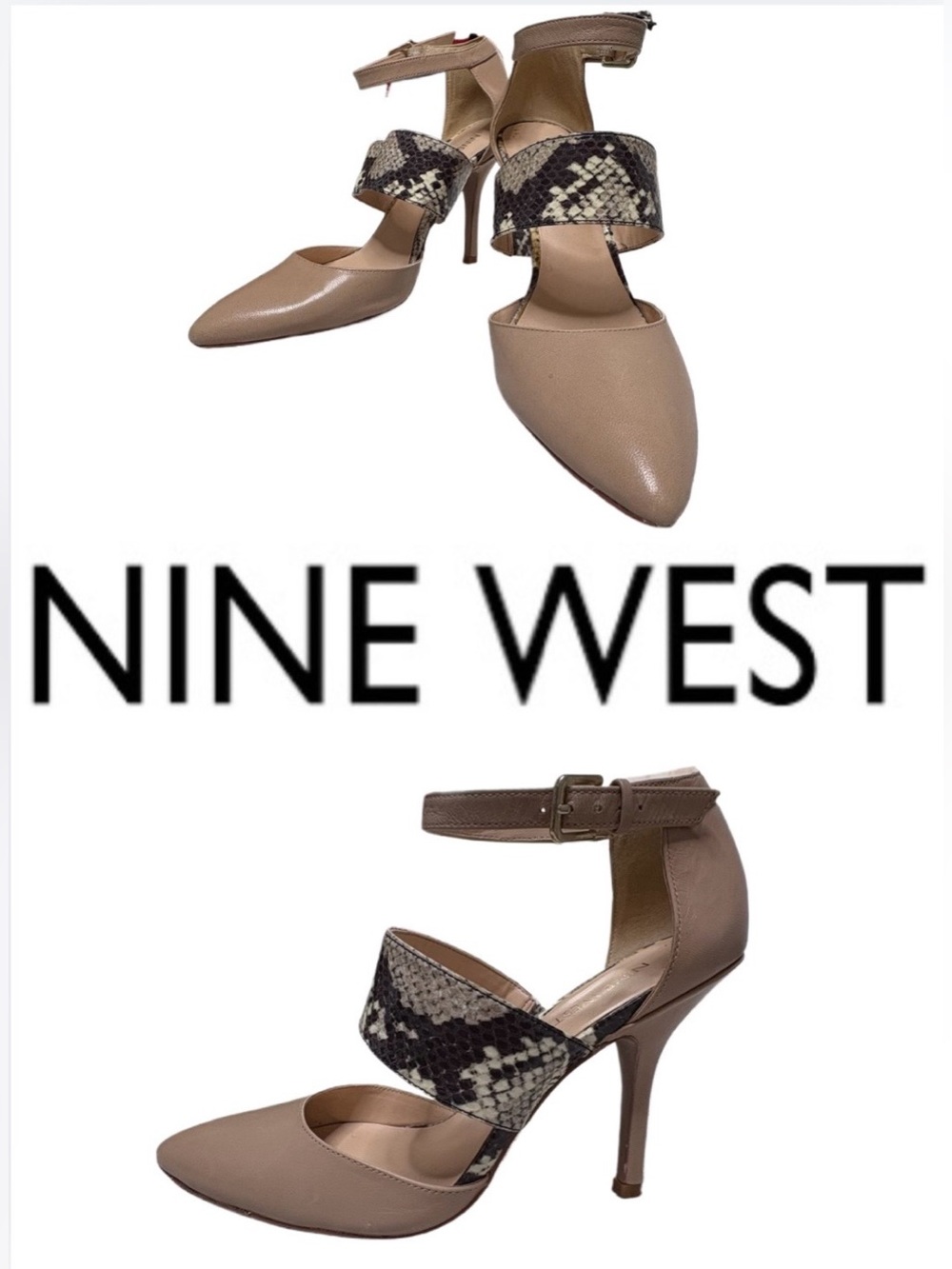 💛NINE WEST Taupe Pointed-Toe Pumps with Snake-Print Strap💛 EUC